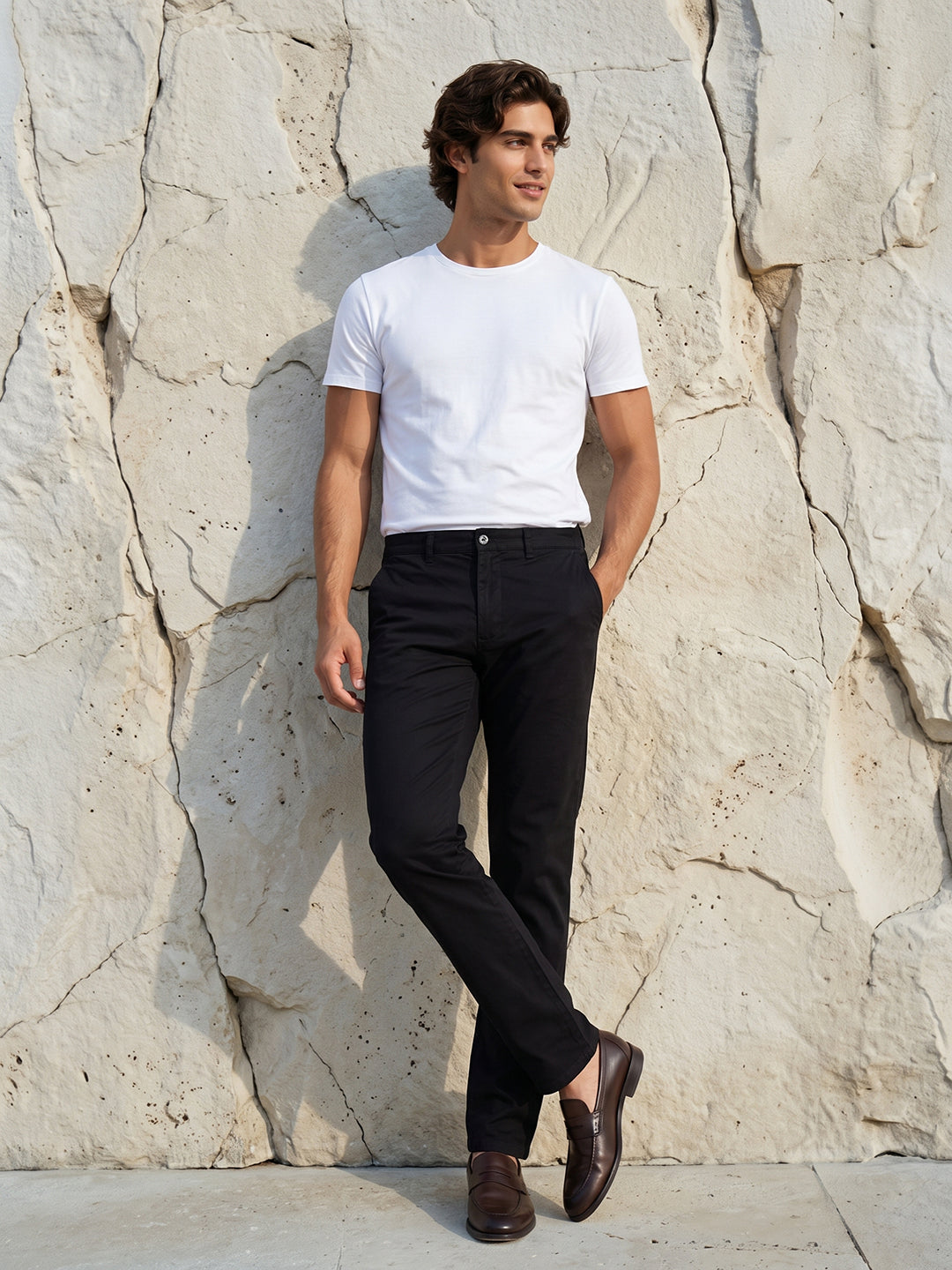 Men's Solid Pure Cotton Regular Fit Casual Trousers-Black