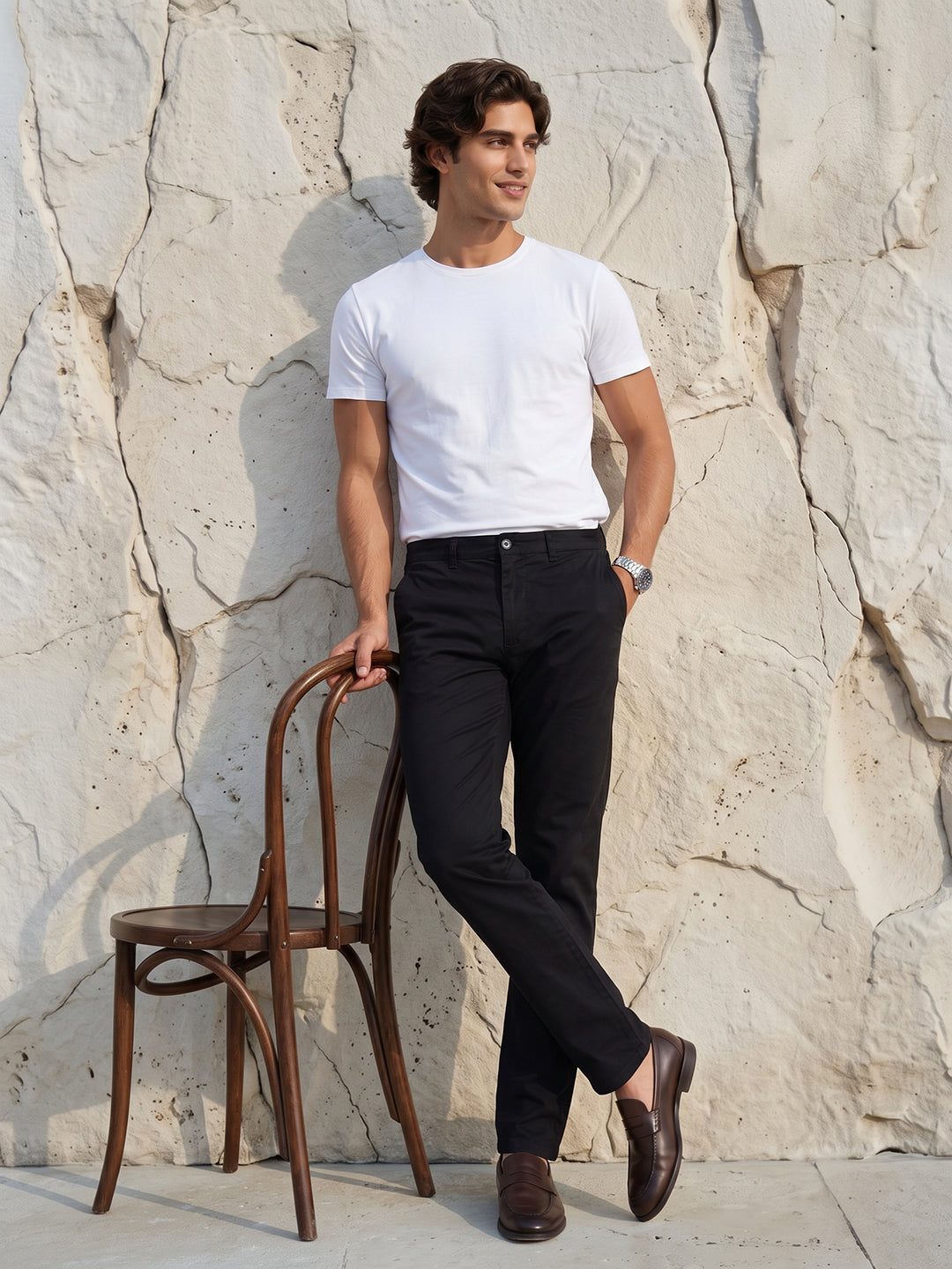 Men's Solid Pure Cotton Regular Fit Casual Trousers-Black