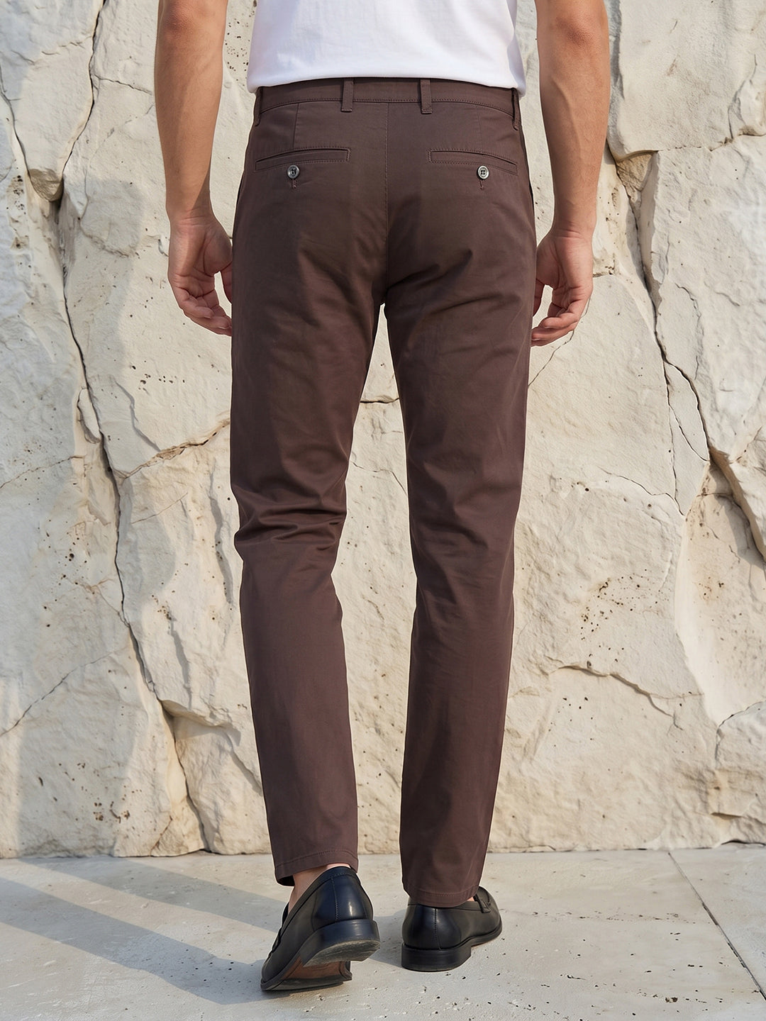 Men's Solid Pure Cotton Regular Fit Casual Trousers-Brown
