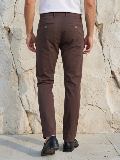 Men's Solid Pure Cotton Regular Fit Casual Trousers-Brown
