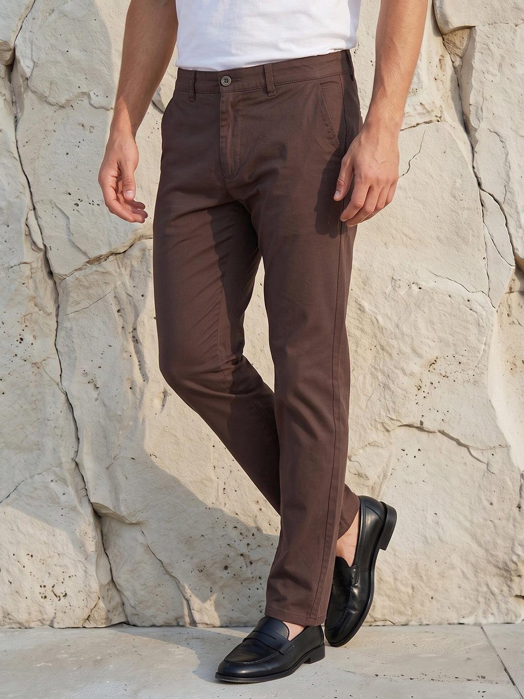 Men's Solid Pure Cotton Regular Fit Casual Trousers-Brown