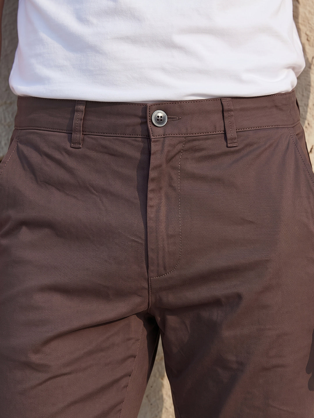 Men's Solid Pure Cotton Regular Fit Casual Trousers-Brown