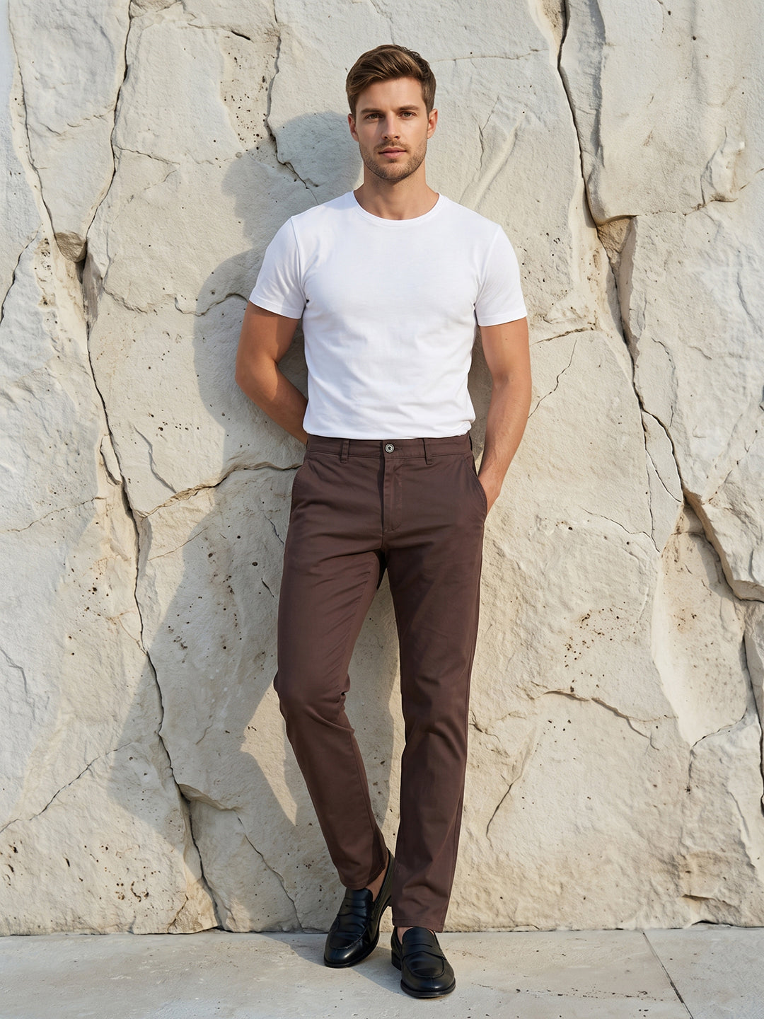 Men's Solid Pure Cotton Regular Fit Casual Trousers-Brown