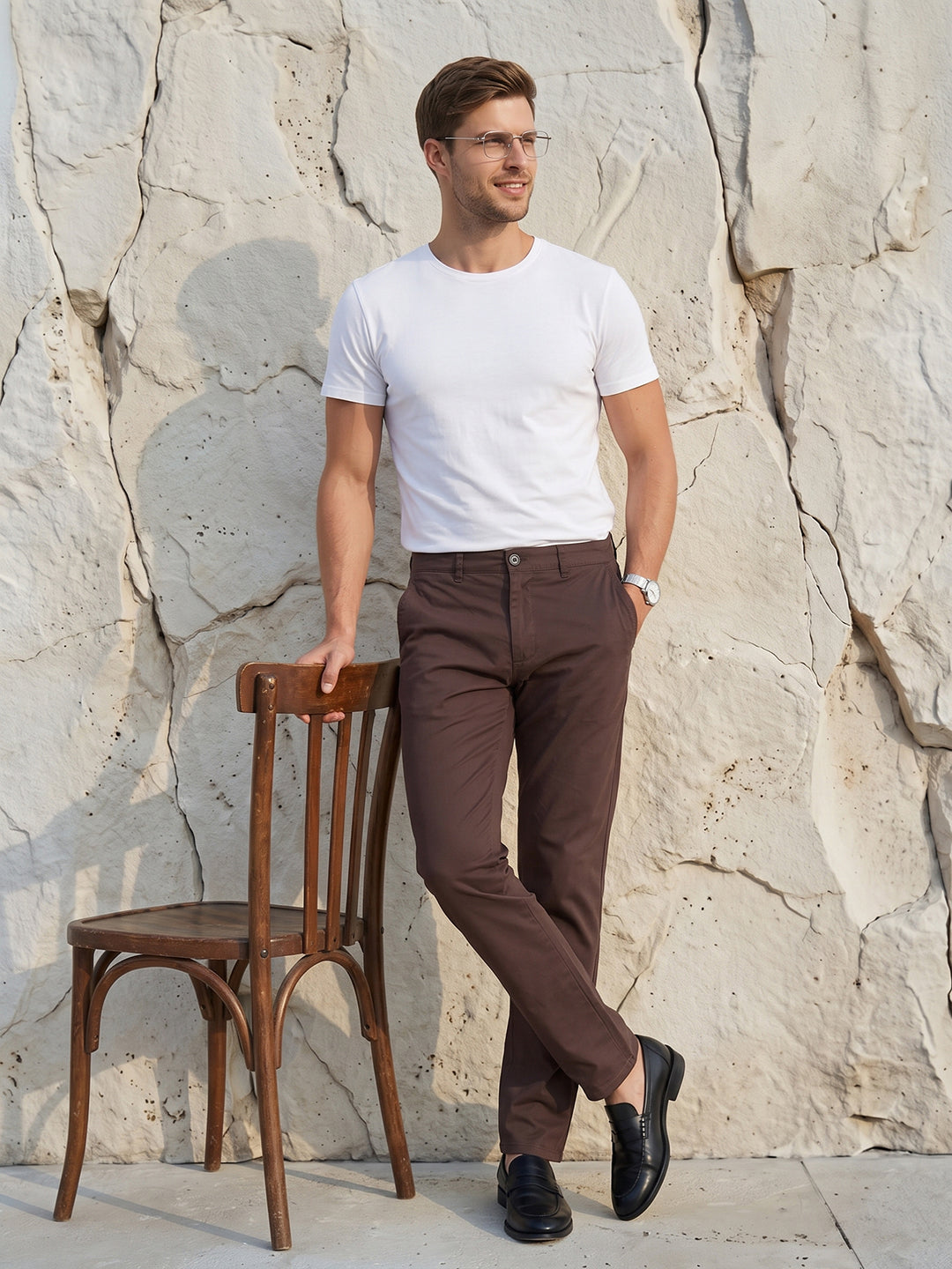 Men's Solid Pure Cotton Regular Fit Casual Trousers-Brown
