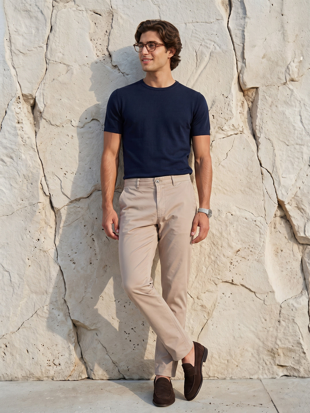 Men's Solid Pure Cotton Regular Fit Casual Trousers-Grey