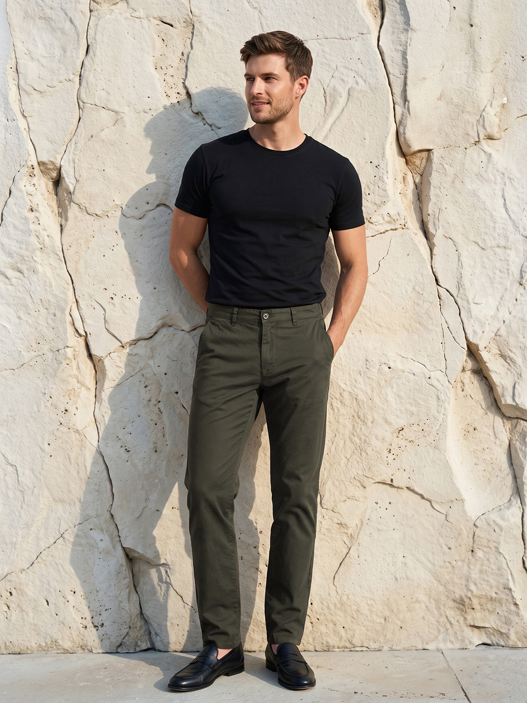 Men's Solid Pure Cotton Regular Fit Casual Trousers-Green