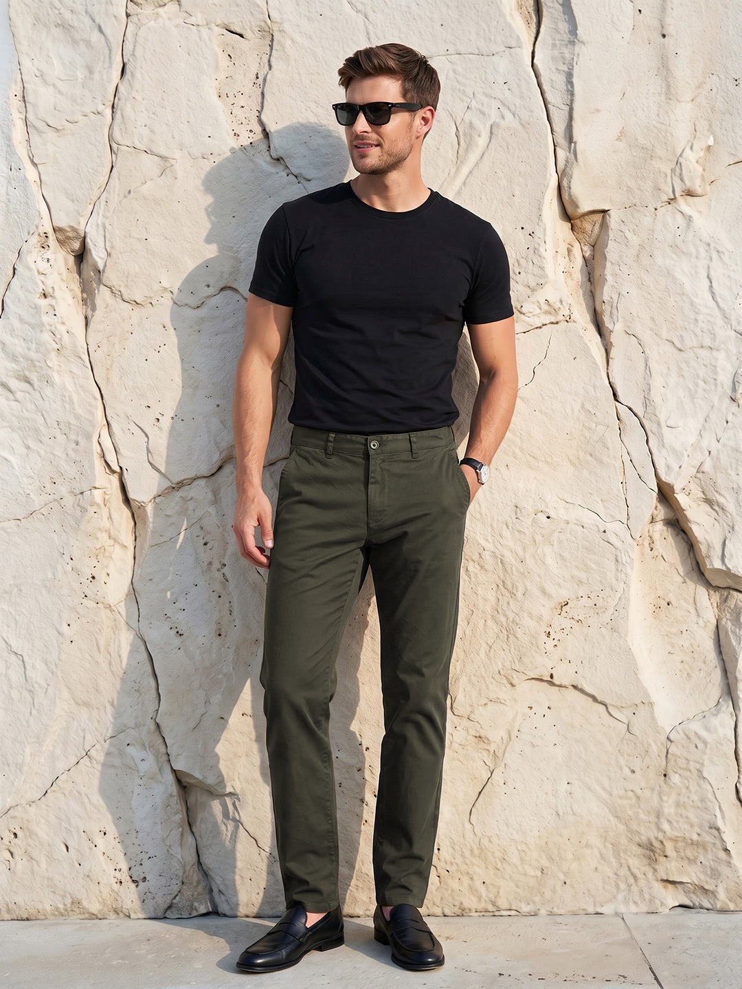 Men's Solid Pure Cotton Regular Fit Casual Trousers-Green