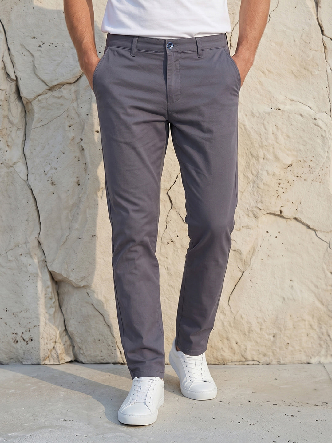 Men's Solid Pure Cotton Regular Fit Casual Trousers-Teal