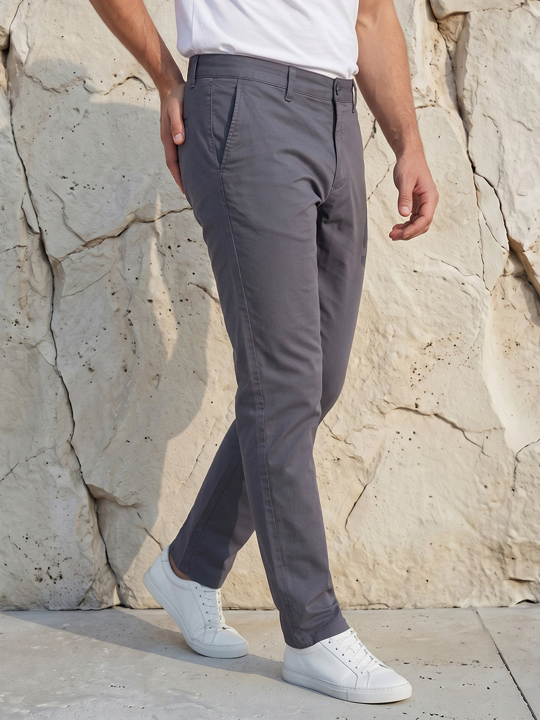 Men's Solid Pure Cotton Regular Fit Casual Trousers-Teal