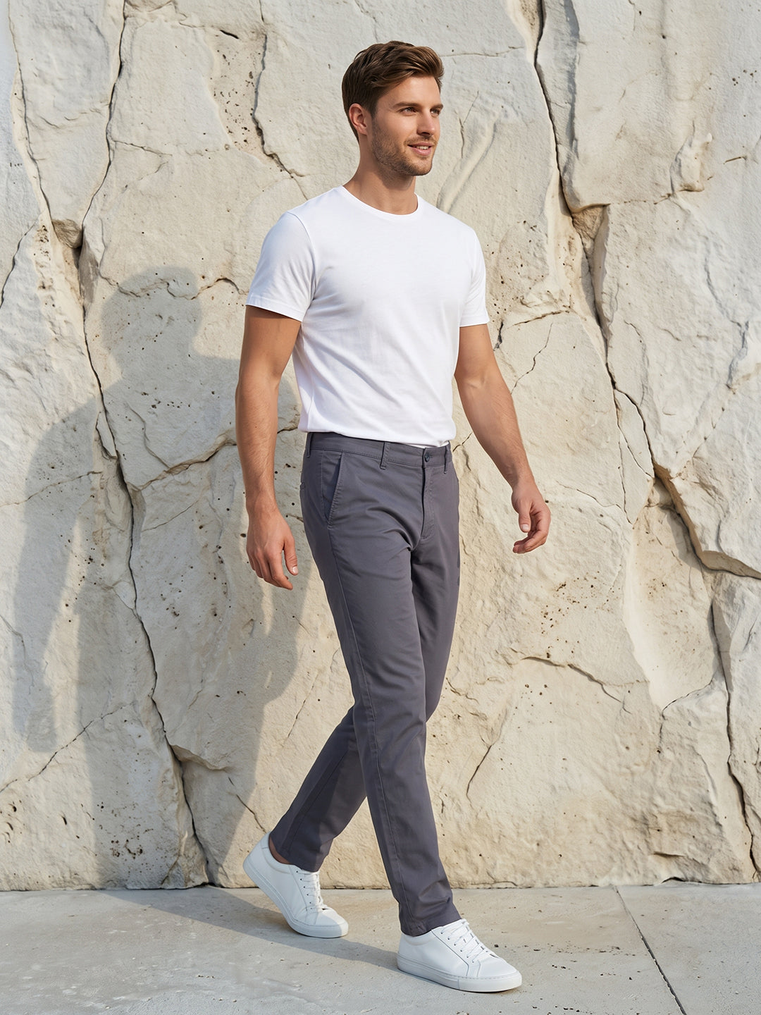 Men's Solid Pure Cotton Regular Fit Casual Trousers-Teal