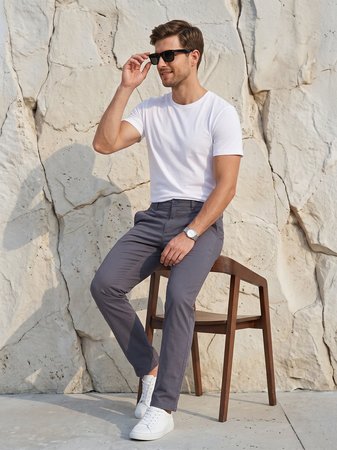 Men's Solid Pure Cotton Regular Fit Casual Trousers-Teal