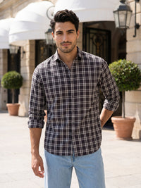Men's Pure Cotton Checks Slim Fit Full Sleeve Casual Shirt - Grey
