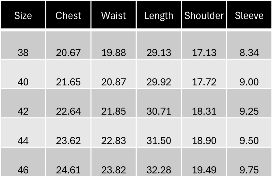 Size Chart in Inch