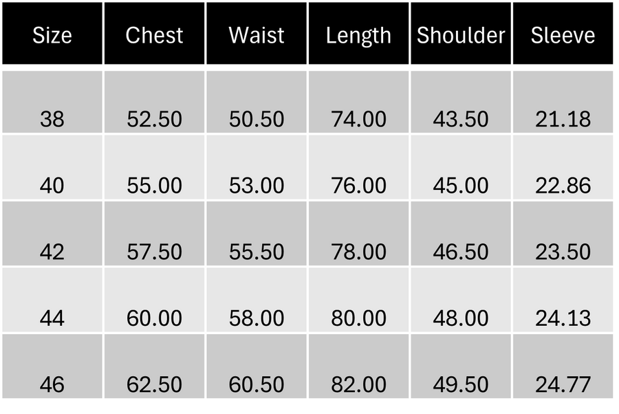 Size Chart in CM