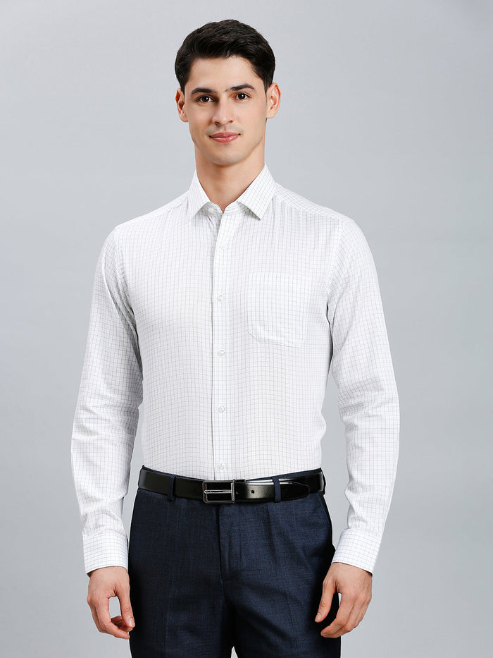 Men's Pure Cotton Checks Regular Fit Full Sleeve Formal Shirt - White & Blue