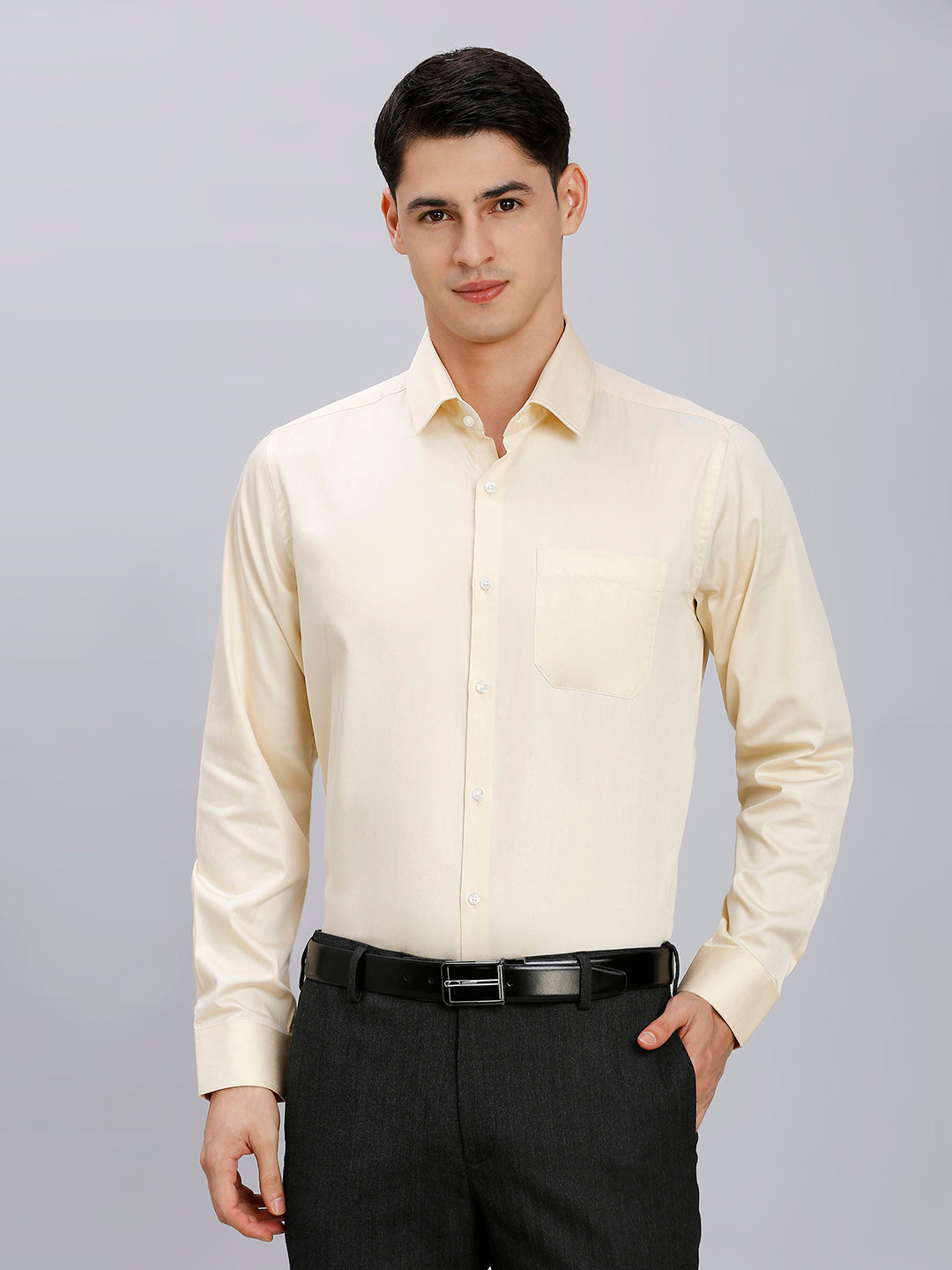 Beige Solid Gizacotton Regular Fit Formal Full Sleeve Shirt