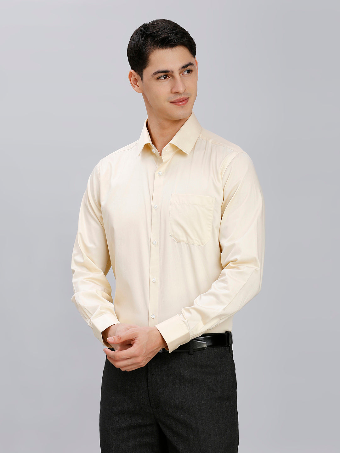 Beige Solid Gizacotton Regular Fit Formal Full Sleeve Shirt