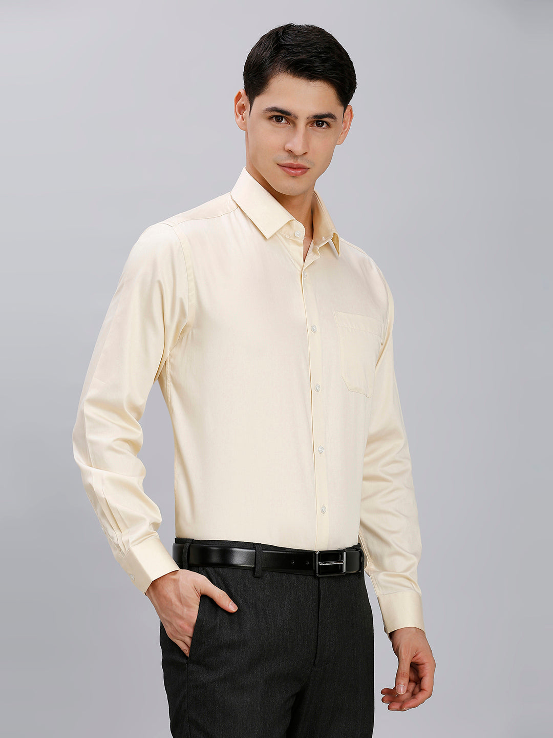 Beige Solid Gizacotton Regular Fit Formal Full Sleeve Shirt