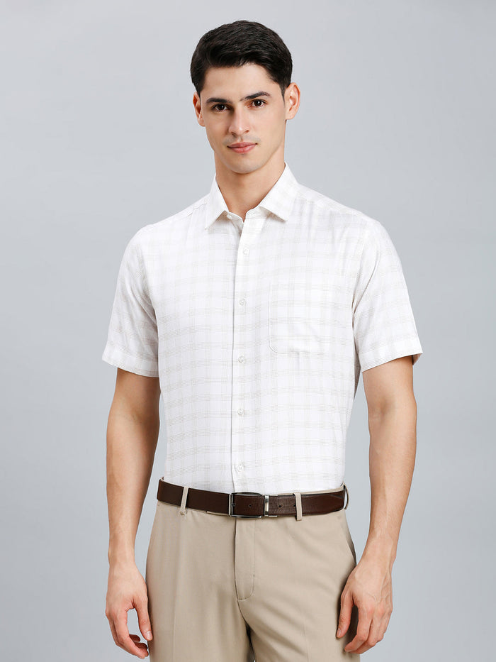 Men's Pure Cotton Checks Regular Fit Full Sleeve Formal Shirt - White & Brown