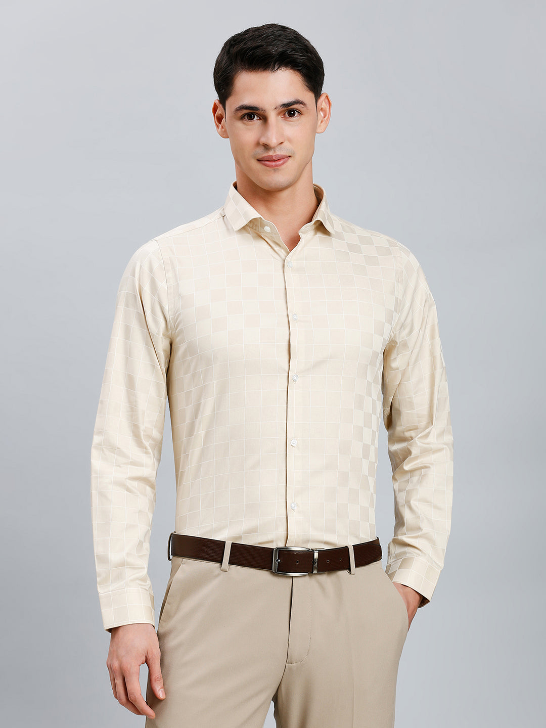 Cream Checks 100% Cotton Slim Fit Formal Full Sleeve Shirt