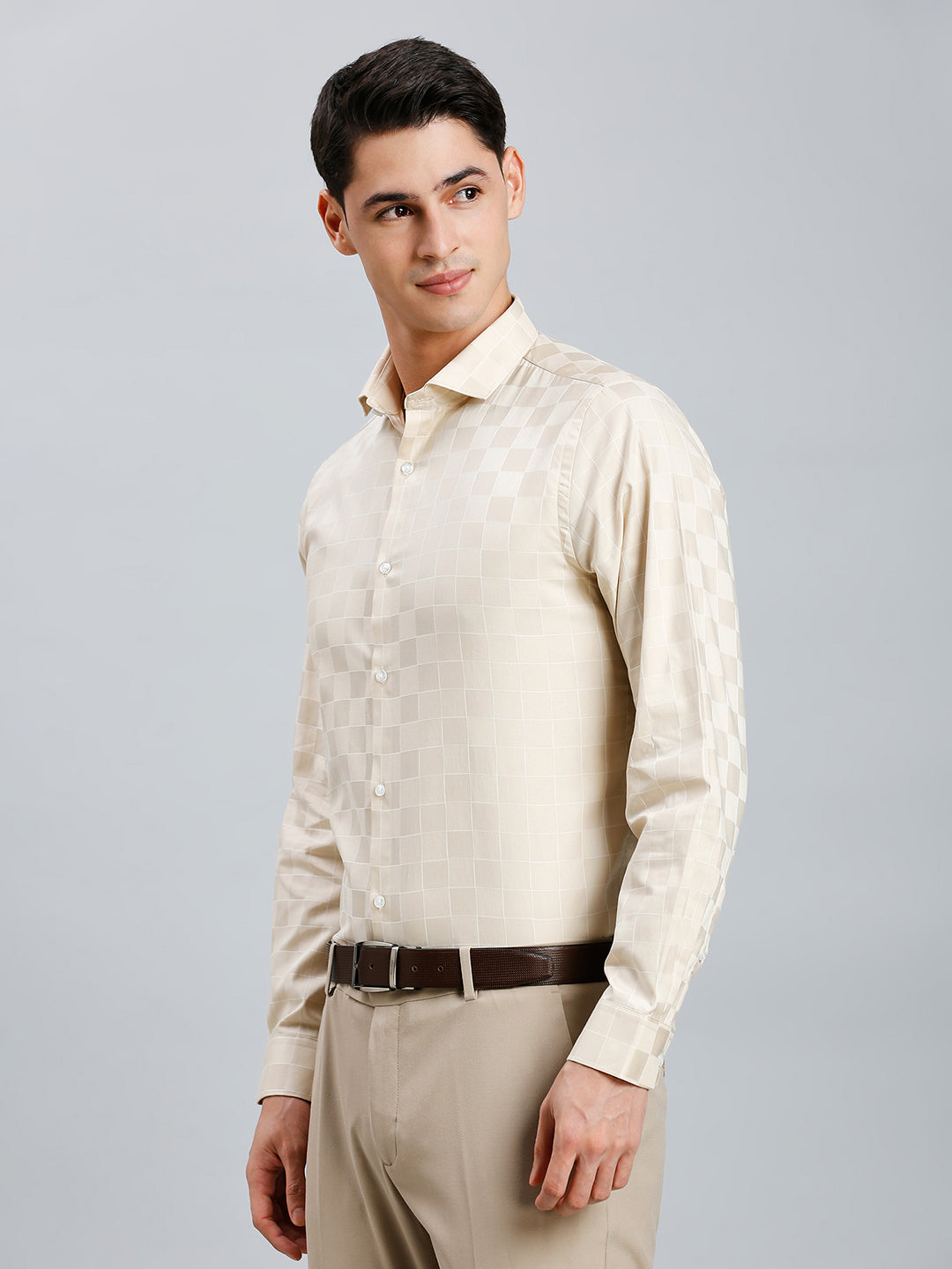 Cream Checks 100% Cotton Slim Fit Formal Full Sleeve Shirt