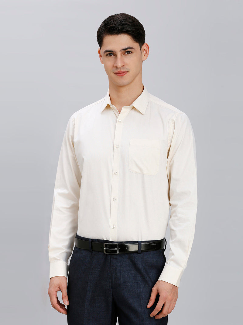 Cream Solid 100% Cotton Regular Fit Formal Full Sleeve Shirt