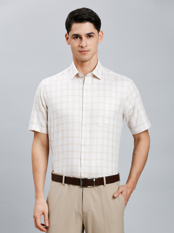 Men's Pure Cotton Checks Regular Fit Half Sleeve Formal Shirt - White & Brown