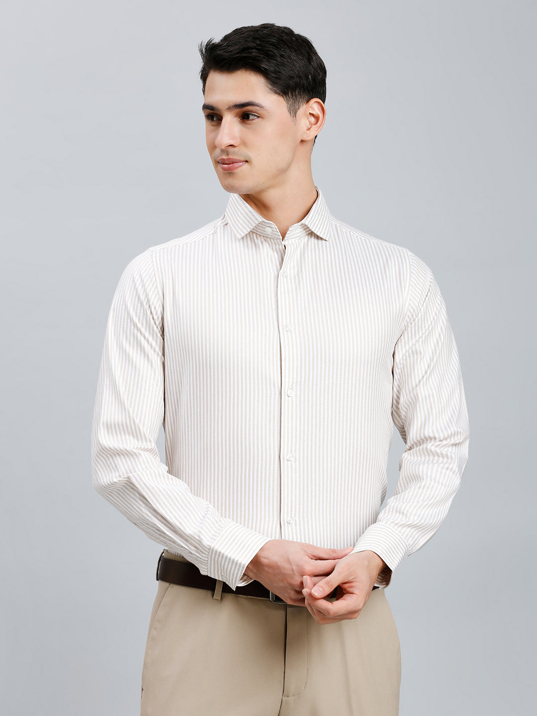 White & Brown Dobby Stripe 100% Cotton Slim Fit Formal Full Sleeve Shirt