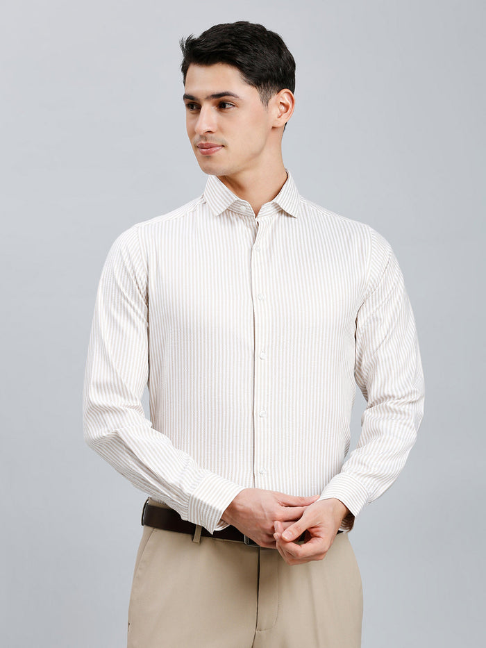 Men's Pure Cotton Dobby Stripe Dobby Stripe Slim Fit Full Sleeve Formal Shirt - White & Brown