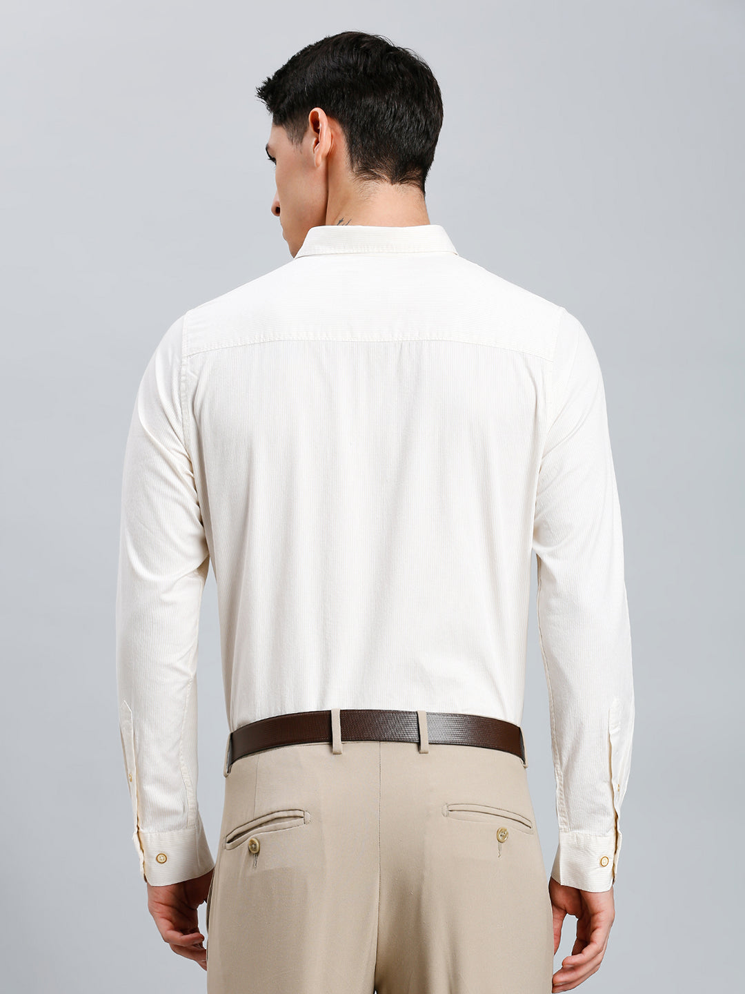 White & Light Yellow Stripe 100% Cotton Slim Fit Casual Full Sleeve Shirt