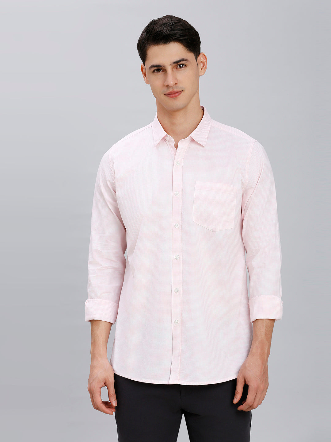 White & Pink Checks 100% Cotton Slim Fit Casual Full Sleeve Shirt