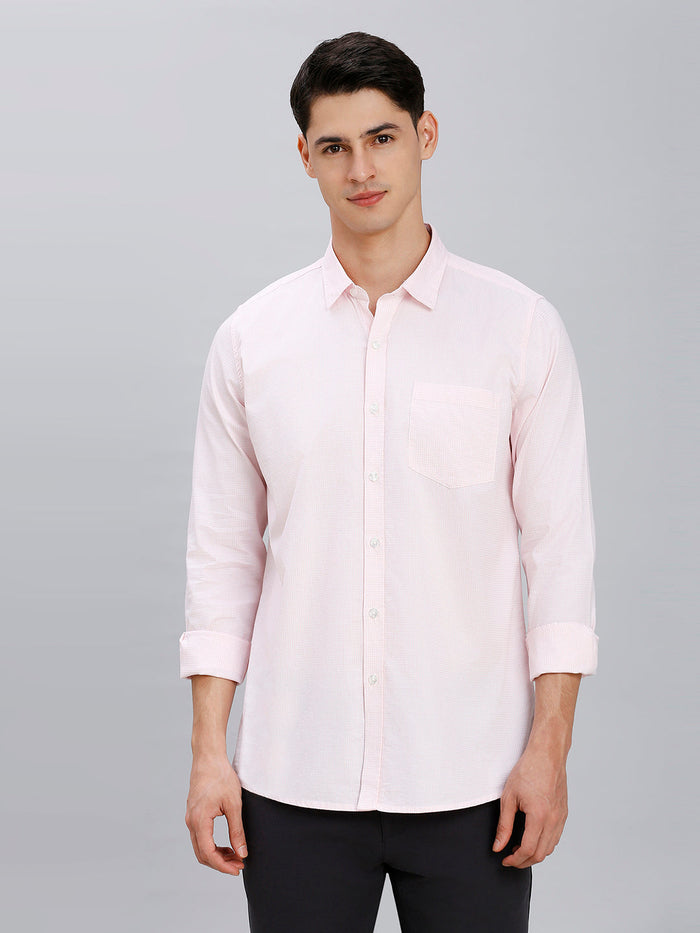 Men's Pure Cotton Checks Slim Fit Full Sleeve Casual Shirt - White & Pink