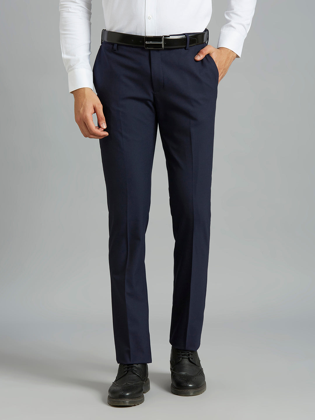 Medium Blue Plain Wool Blend With Elastane Auto Fit Formal Cross Pocket Trouser