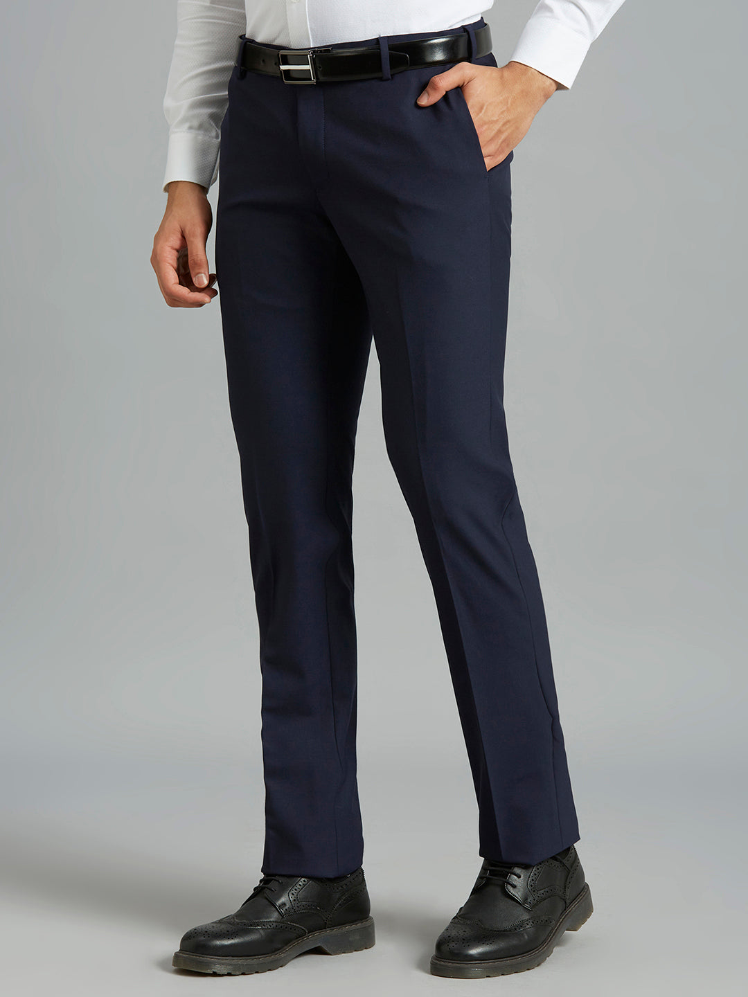 Medium Blue Plain Wool Blend With Elastane Auto Fit Formal Cross Pocket Trouser