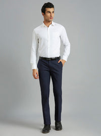 Medium Blue Plain Wool Blend With Elastane Auto Fit Formal Cross Pocket Trouser