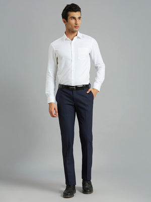 Medium Blue Plain Wool Blend With Elastane Auto Fit Formal Cross Pocket Trouser