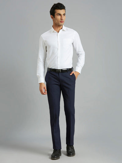 Medium Blue Plain Wool Blend With Elastane Auto Fit Formal Cross Pocket Trouser