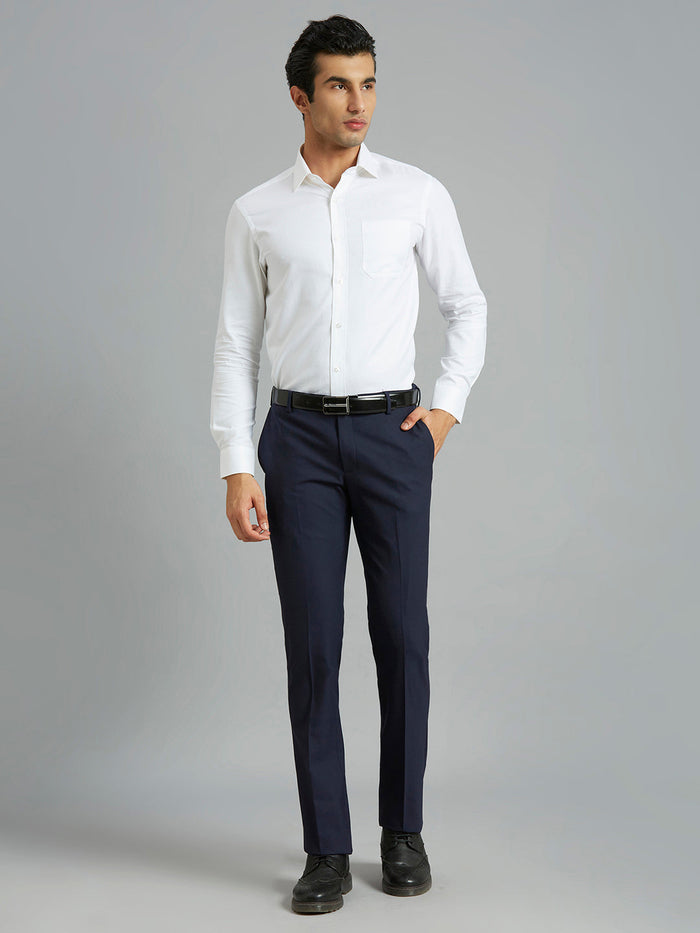 Medium Blue Plain Wool Blend With Elastane Auto Fit Formal Cross Pocket Trouser