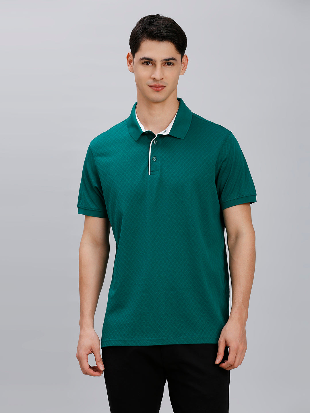 Dark Green Jacquard 100% Cotton Slim Fit Casual Half Sleeve T-Shirt