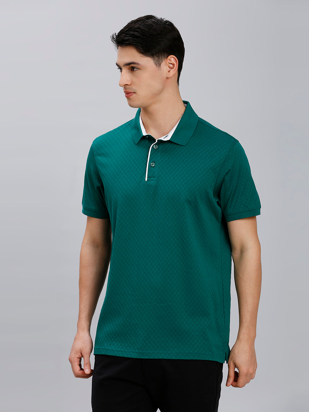 Dark Green Jacquard 100% Cotton Slim Fit Casual Half Sleeve T-Shirt