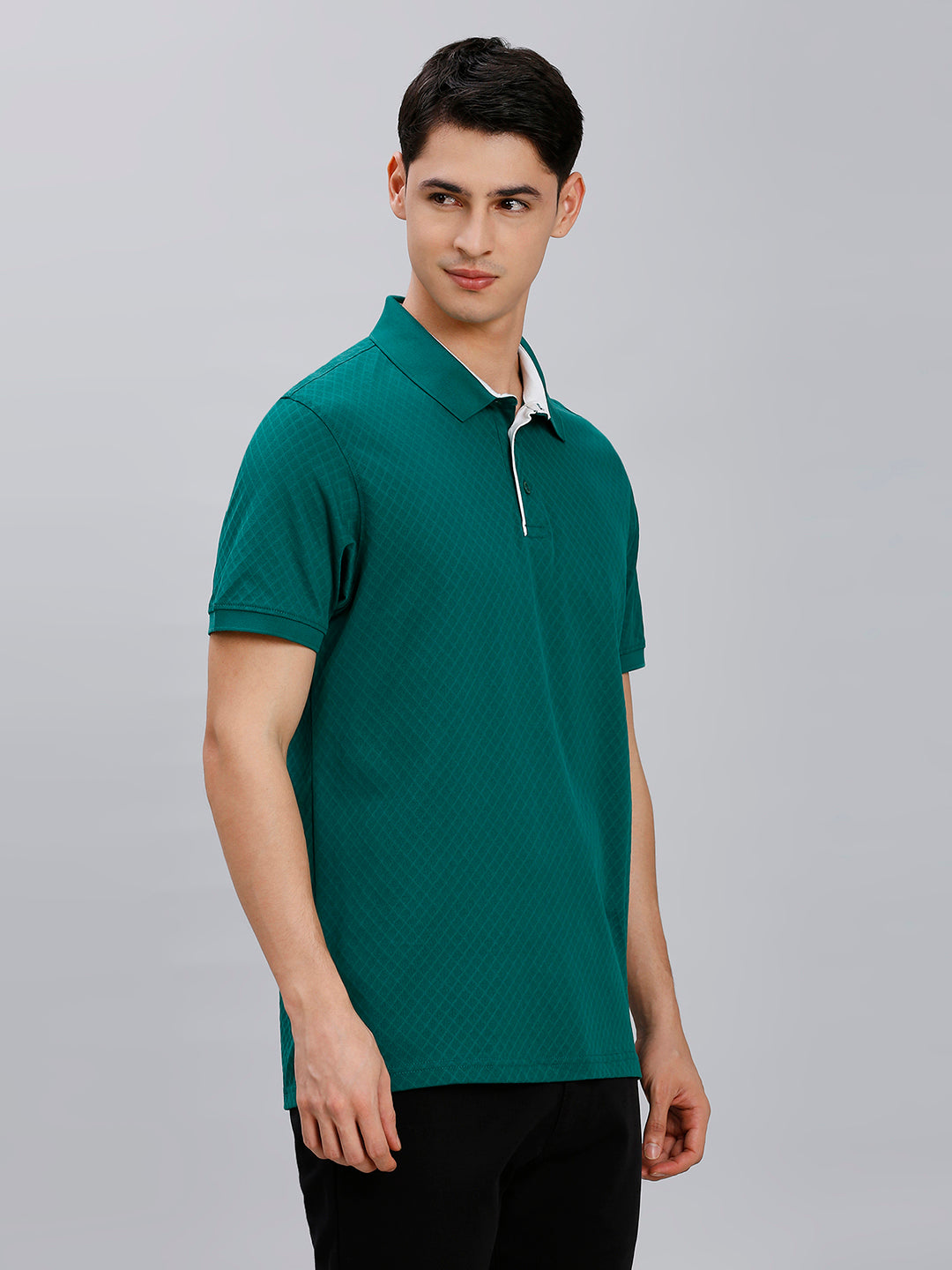 Dark Green Jacquard 100% Cotton Slim Fit Casual Half Sleeve T-Shirt