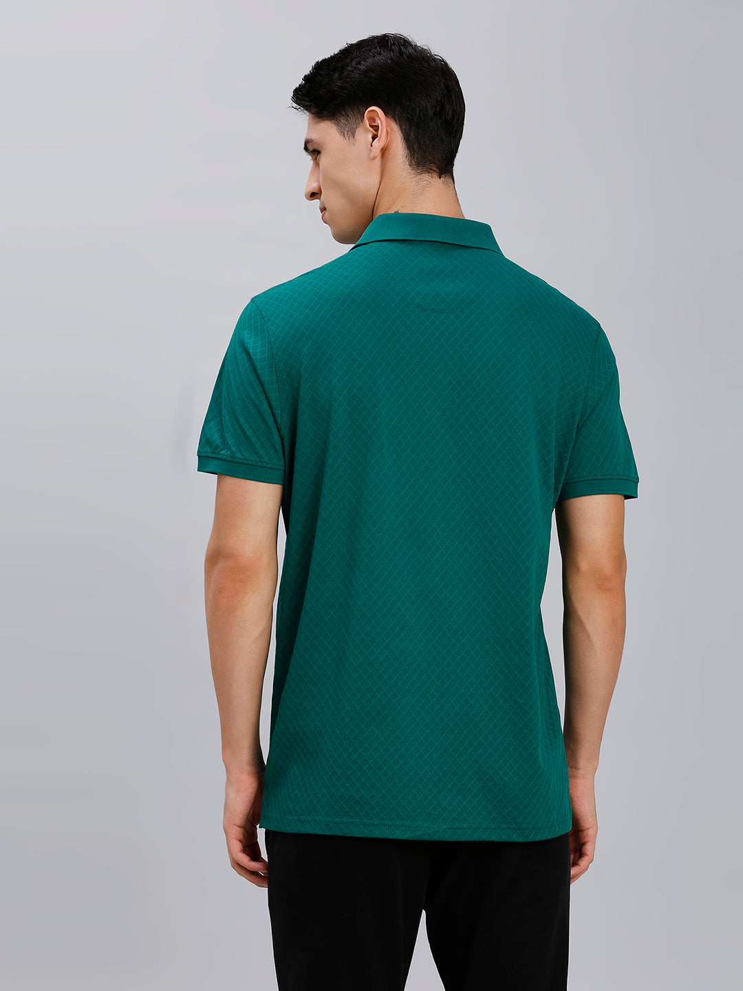 Dark Green Jacquard 100% Cotton Slim Fit Casual Half Sleeve T-Shirt