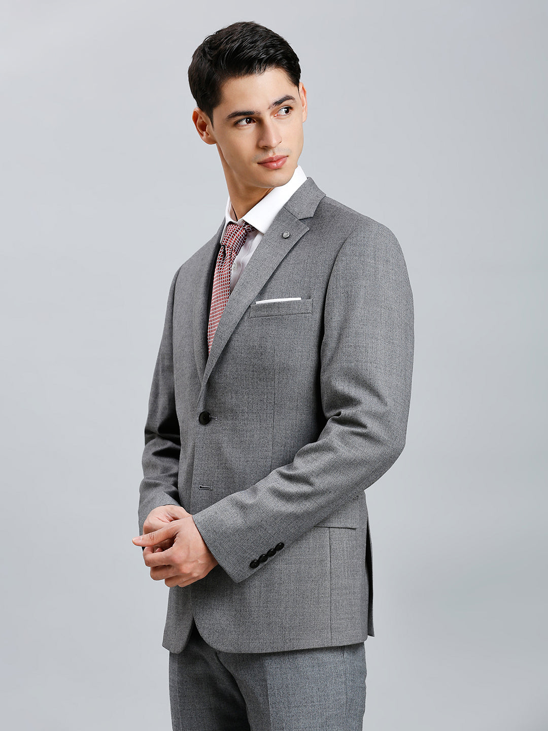 Med Grey Milange Plain Wool Blend With Elastane Tailor Fit Formal Full Sleeve Blazer