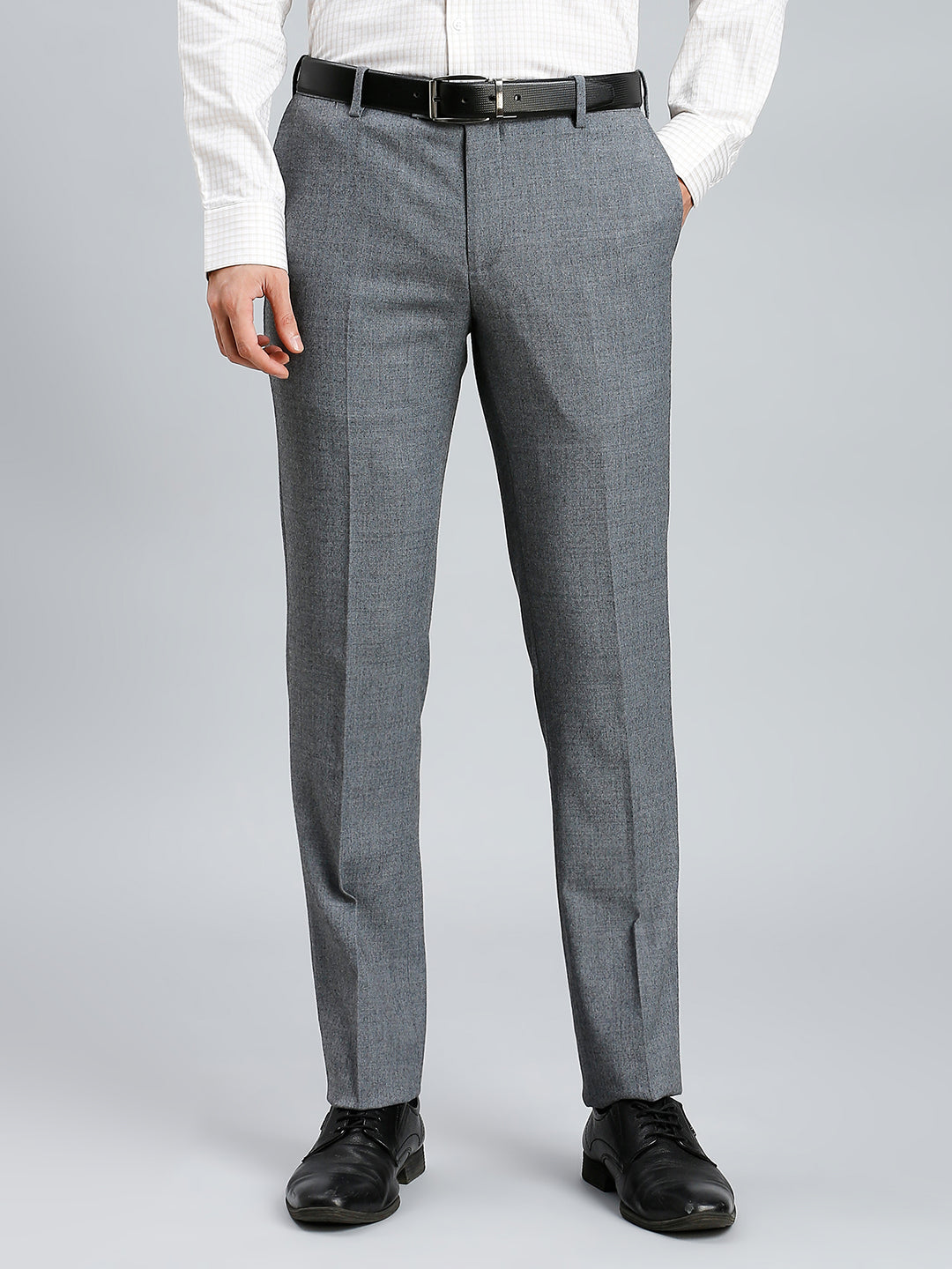 Med Grey Milange Plain Wool Blend With Elastane Auto Fit Formal Cross Pocket Trouser