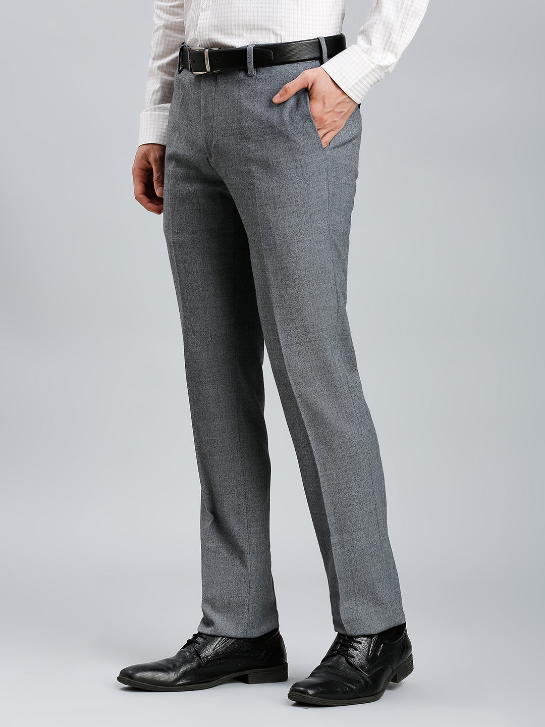 Med Grey Milange Plain Wool Blend With Elastane Auto Fit Formal Cross Pocket Trouser