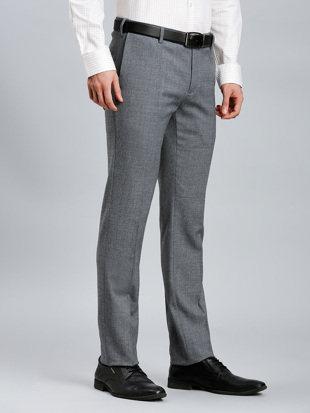 Med Grey Milange Plain Wool Blend With Elastane Auto Fit Formal Cross Pocket Trouser