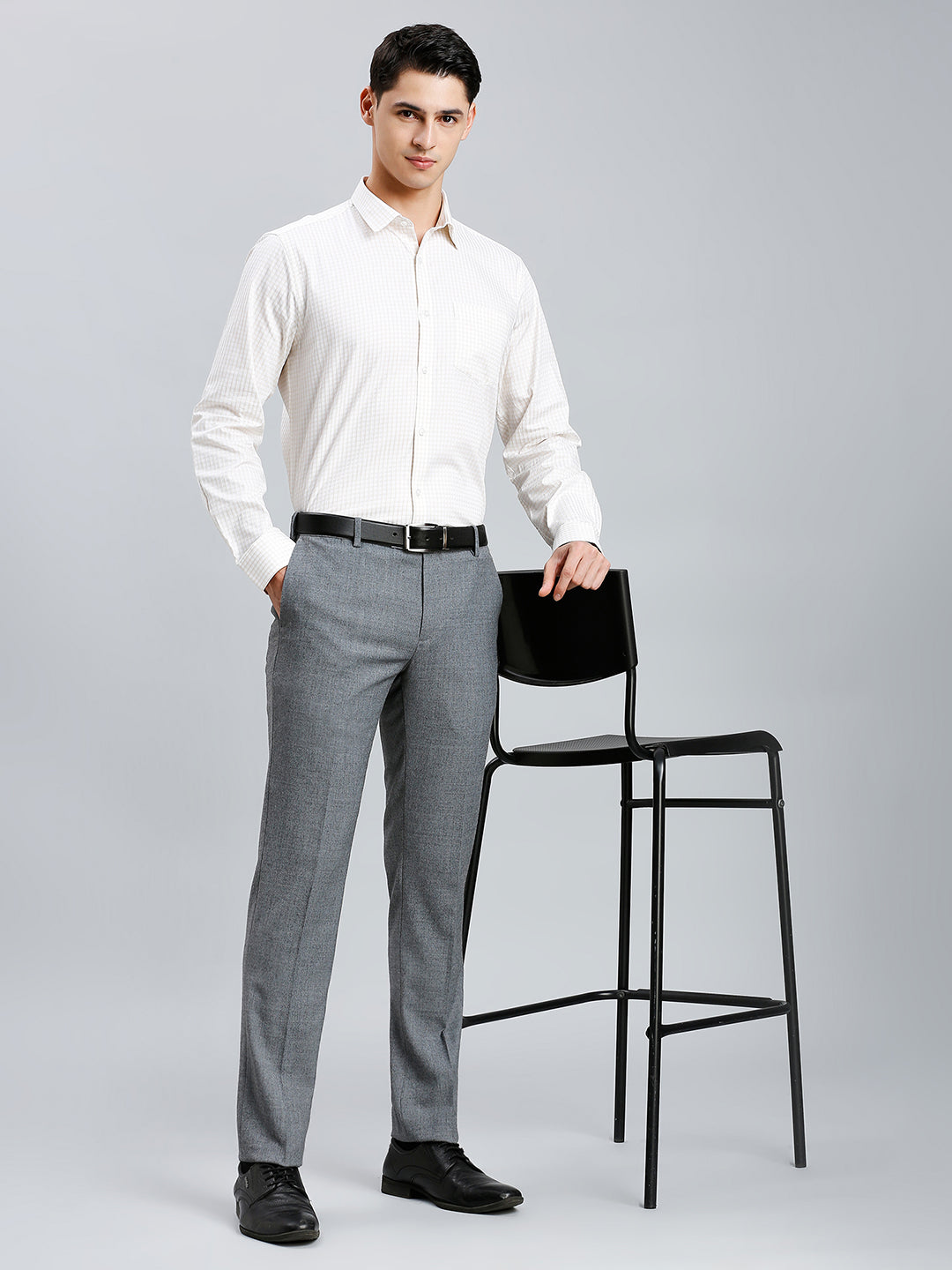 Med Grey Milange Plain Wool Blend With Elastane Auto Fit Formal Cross Pocket Trouser