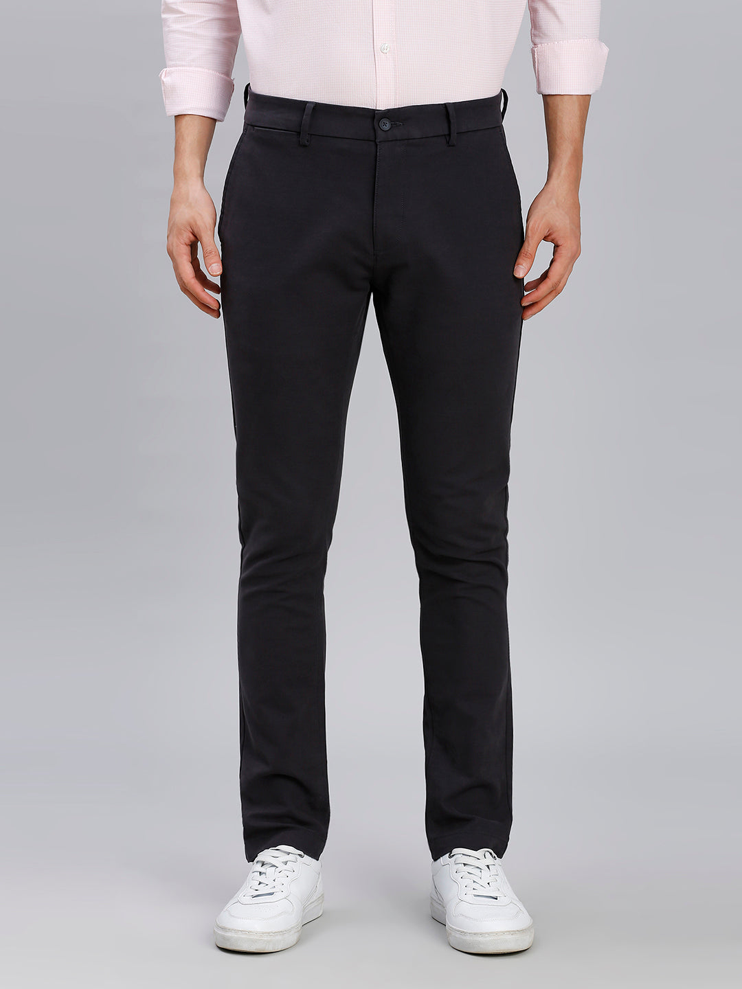 Grey Plain Cotton Elastane Slim Fit Casual Cross Pocket Chino