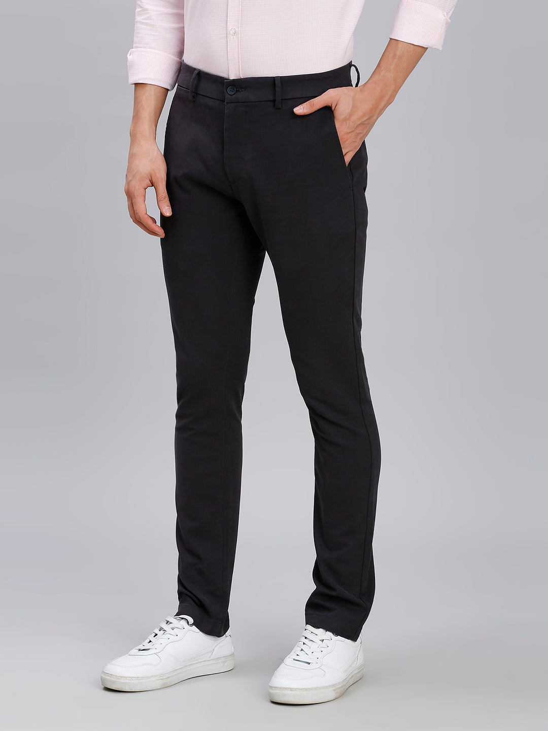 Grey Plain Cotton Elastane Slim Fit Casual Cross Pocket Chino