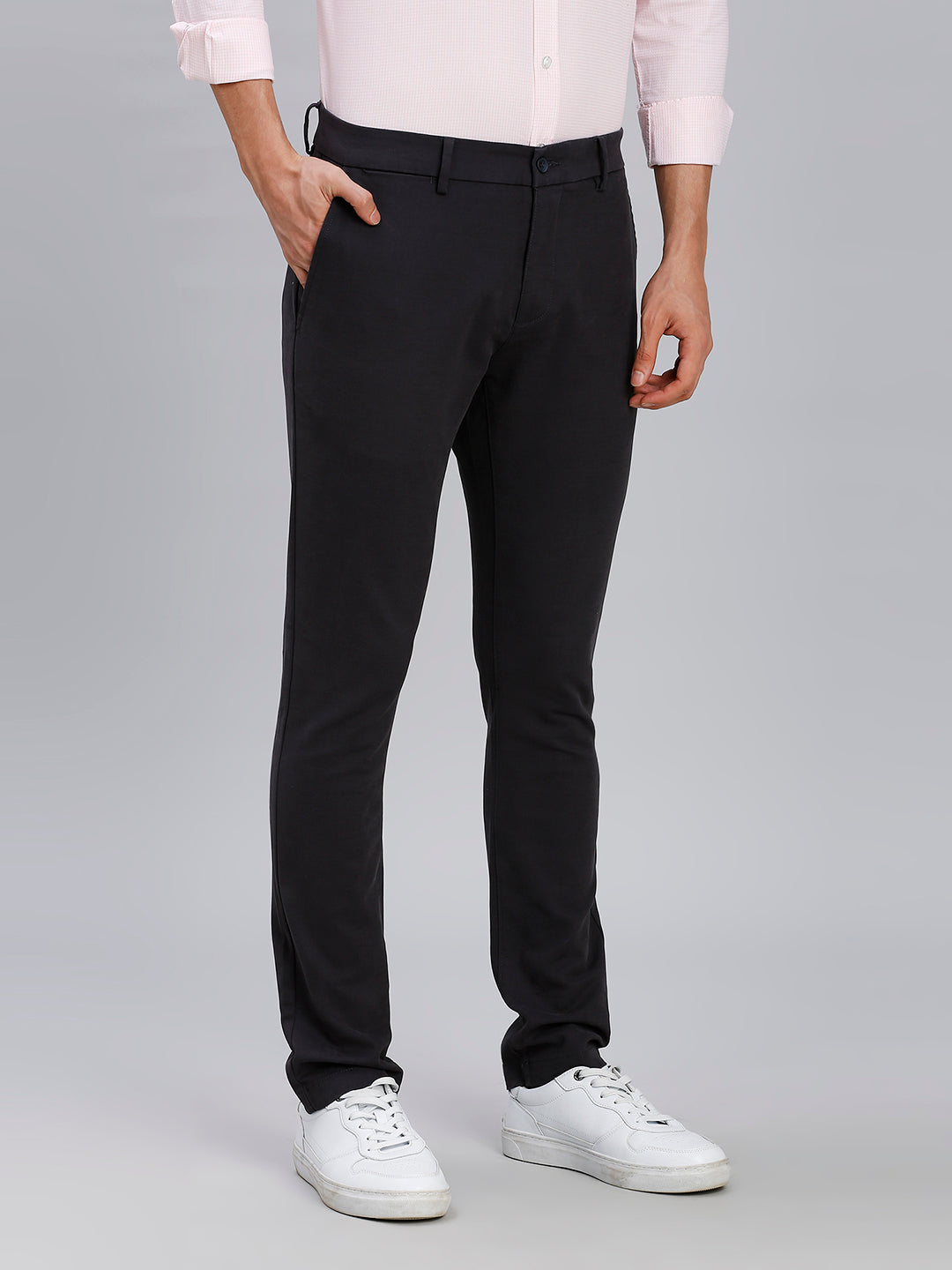 Grey Plain Cotton Elastane Slim Fit Casual Cross Pocket Chino